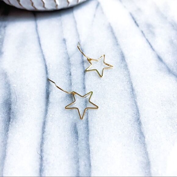 Gold Star Earrings Dangle Drop Celestial Dainty Minimalist - Picture 4 of 6
